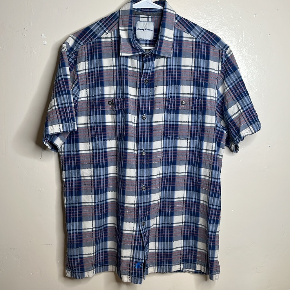 Tommy Bahama red white and blue plaid button-down collared shirt